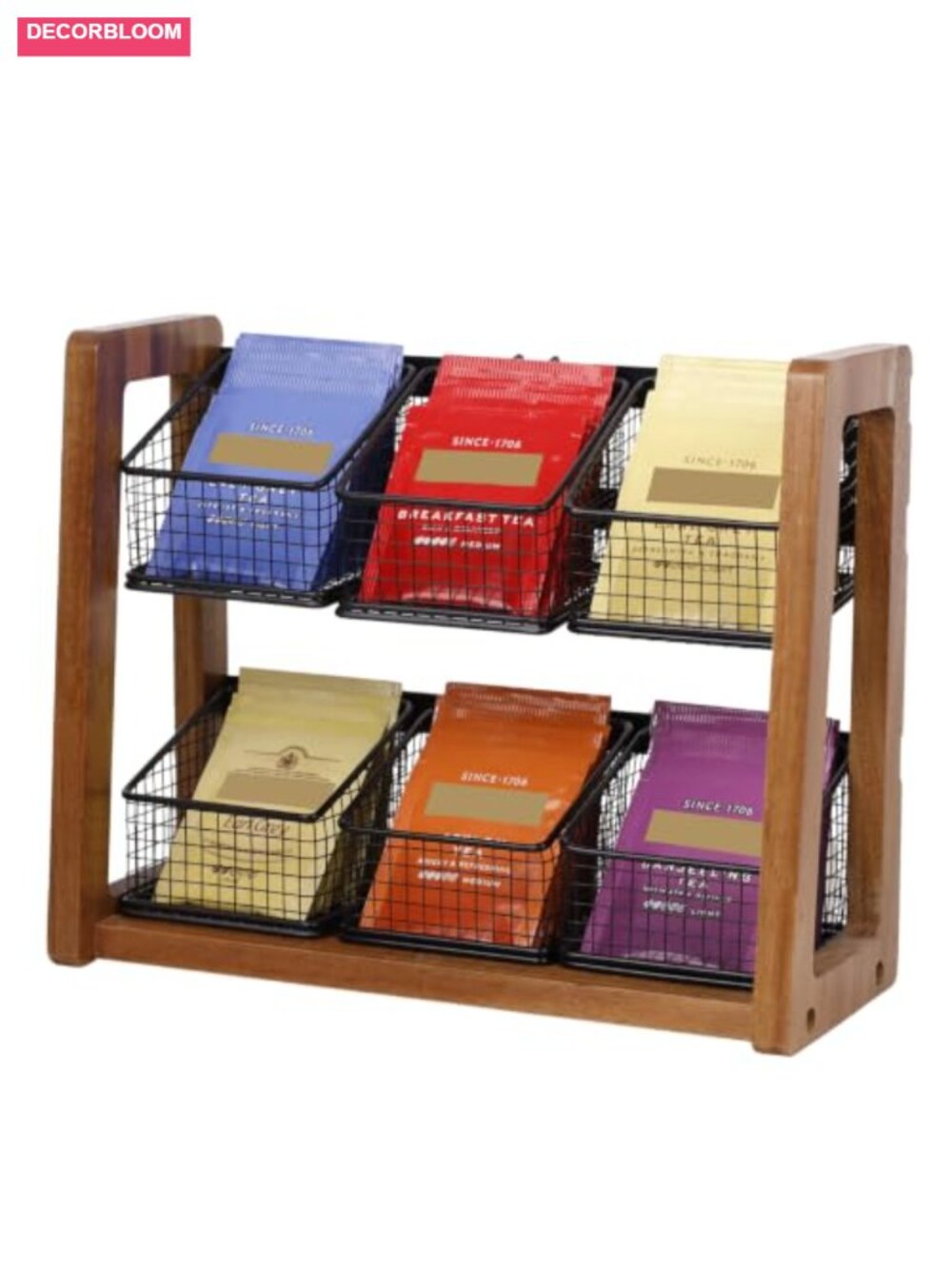 2 Tier Tea Bag Organizer with 6 Removable Baskets Acacia Wood Iron